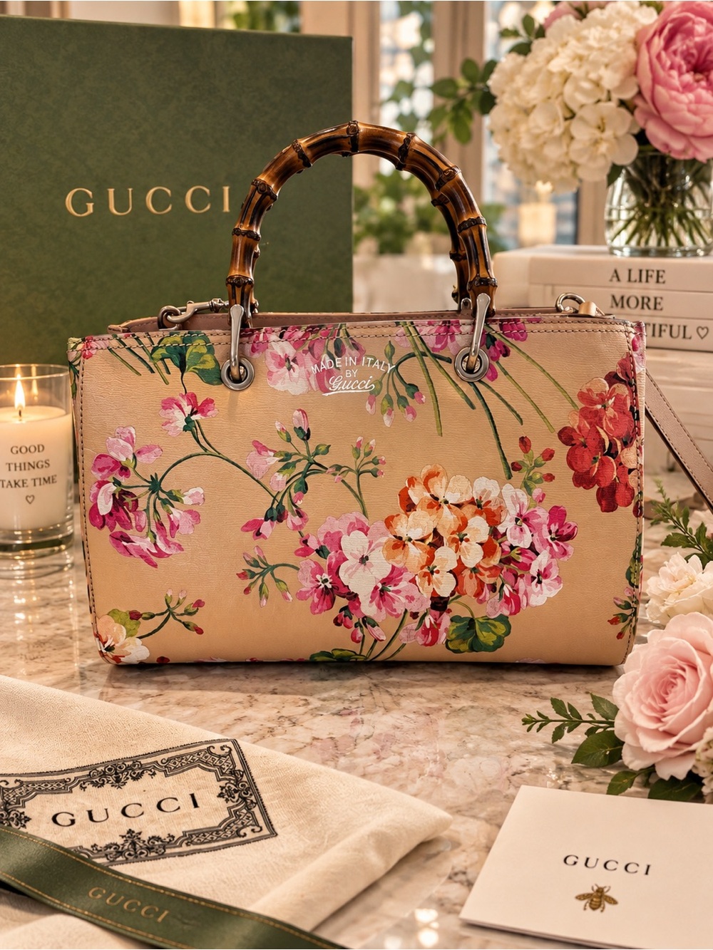 Gucci Blooms Floral Leather Satchel with Bamboo Top Handle